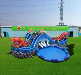 Pool2-729 Dinosaur inflable Jurassic Park con toboganes y piscina